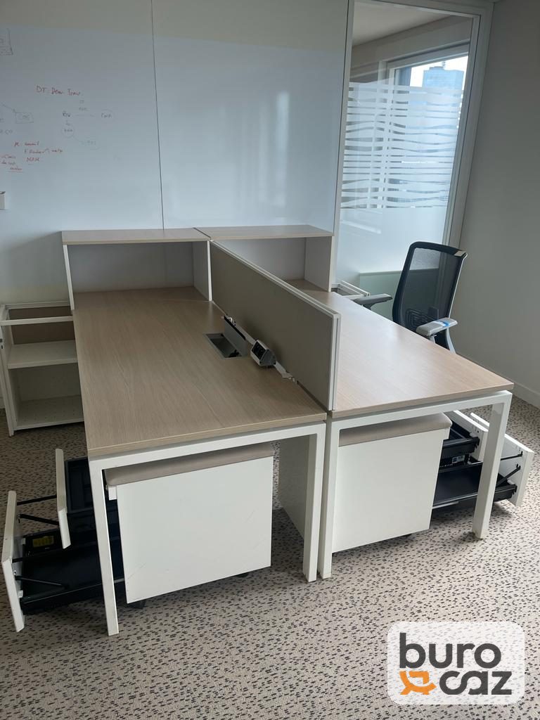 Bench 2 postes chêne clair écran tissu gris avec caissons