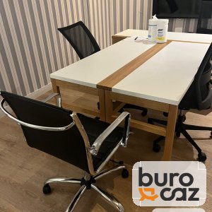 Bureau bench 2 postes blanc et chêne piètement bois