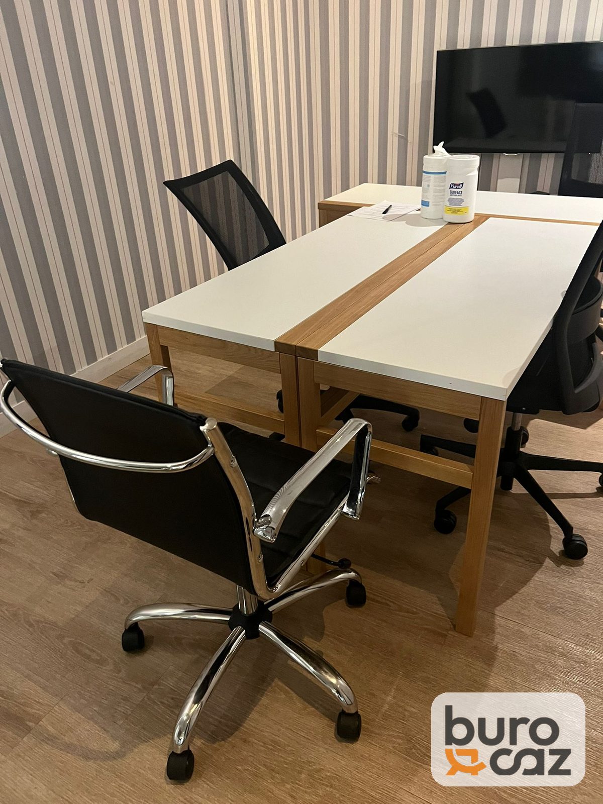 Bureau bench 2 postes blanc et chêne piètement bois