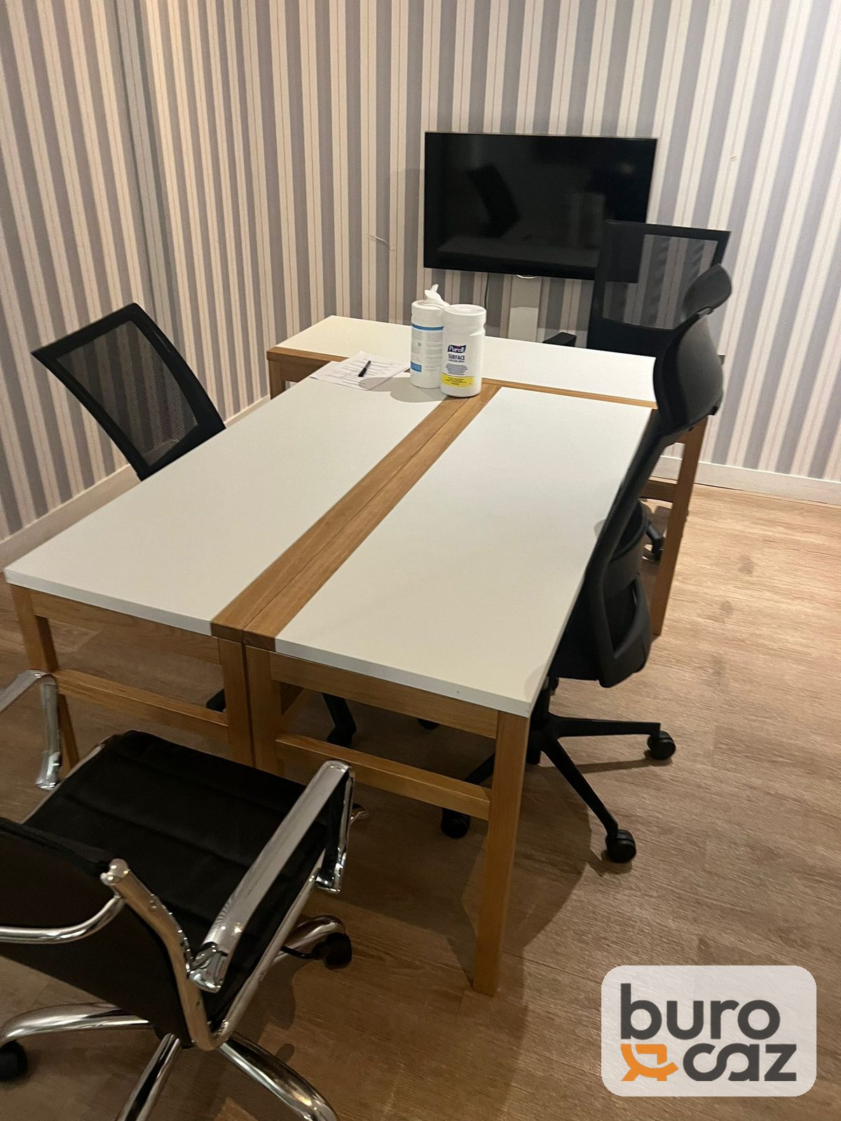 Bureau bench 2 postes blanc et chêne piètement bois — photo 2