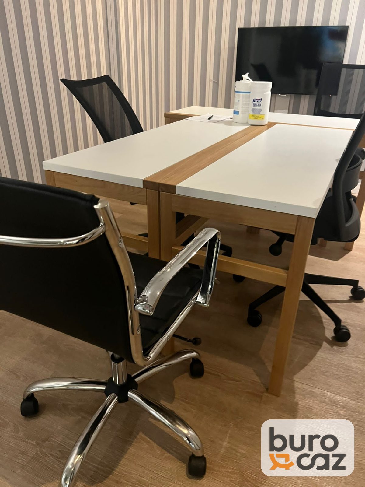 Bureau bench 2 postes blanc et chêne piètement bois — photo 3