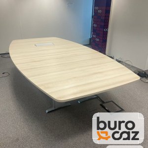 Table de réunion forme tonneau chêne clair avec trappe de connexion