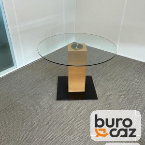 Table ronde plateau verre pied bois